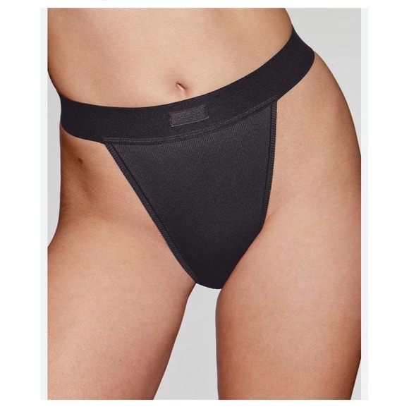 SKIMS Other - SKIMS Cotton Rib Thong Soot Black Size 2X High Cut Ribbed Underwear NWT